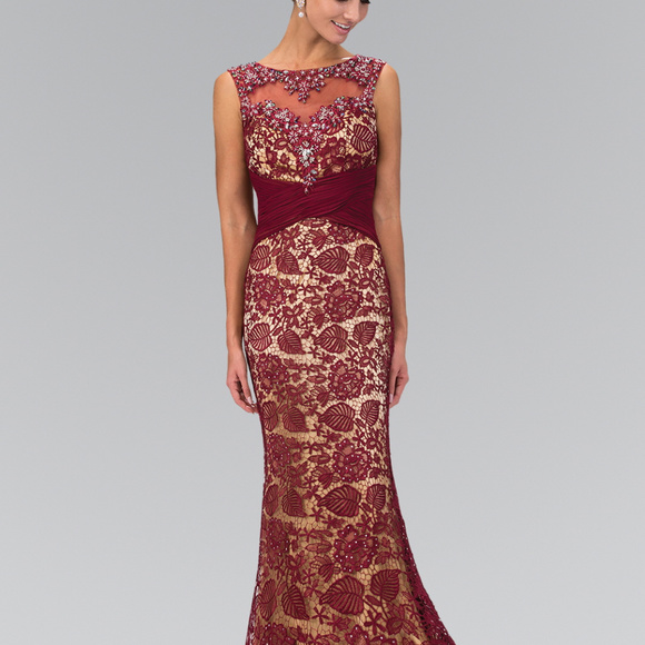 NEW BURGUNDY MOTHER OF BRIDE /GROOM - Patterned Beaded Long Prom Dress GL1415 - Picture 1 of 3